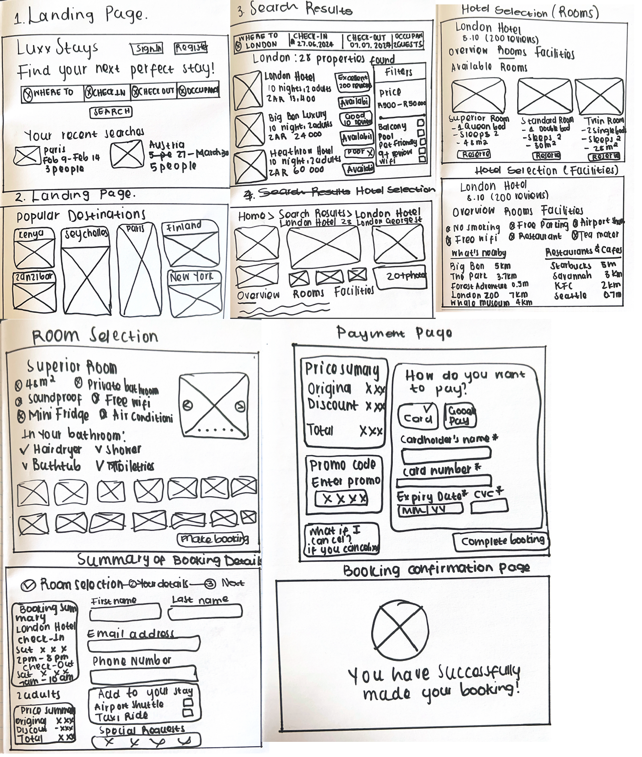 Hand-drawn sketches of the LuxxStays layouts.