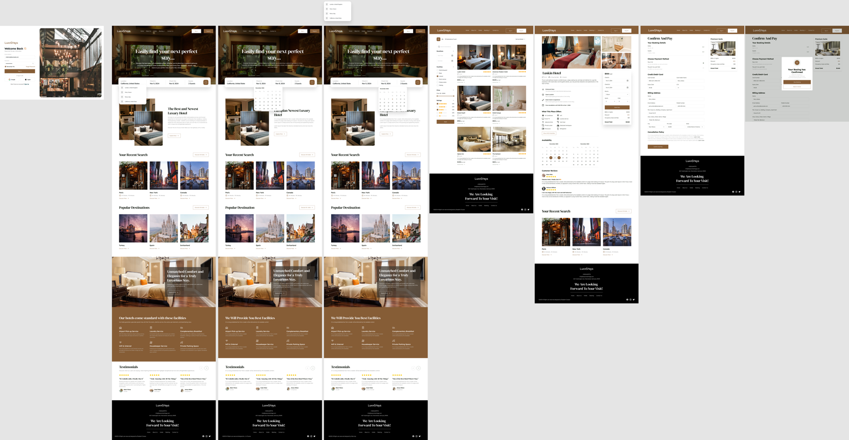 The complete LuxxStays screen set: landing page, search results, hotel detail, booking summary and confirmation, in desktop and responsive layouts.