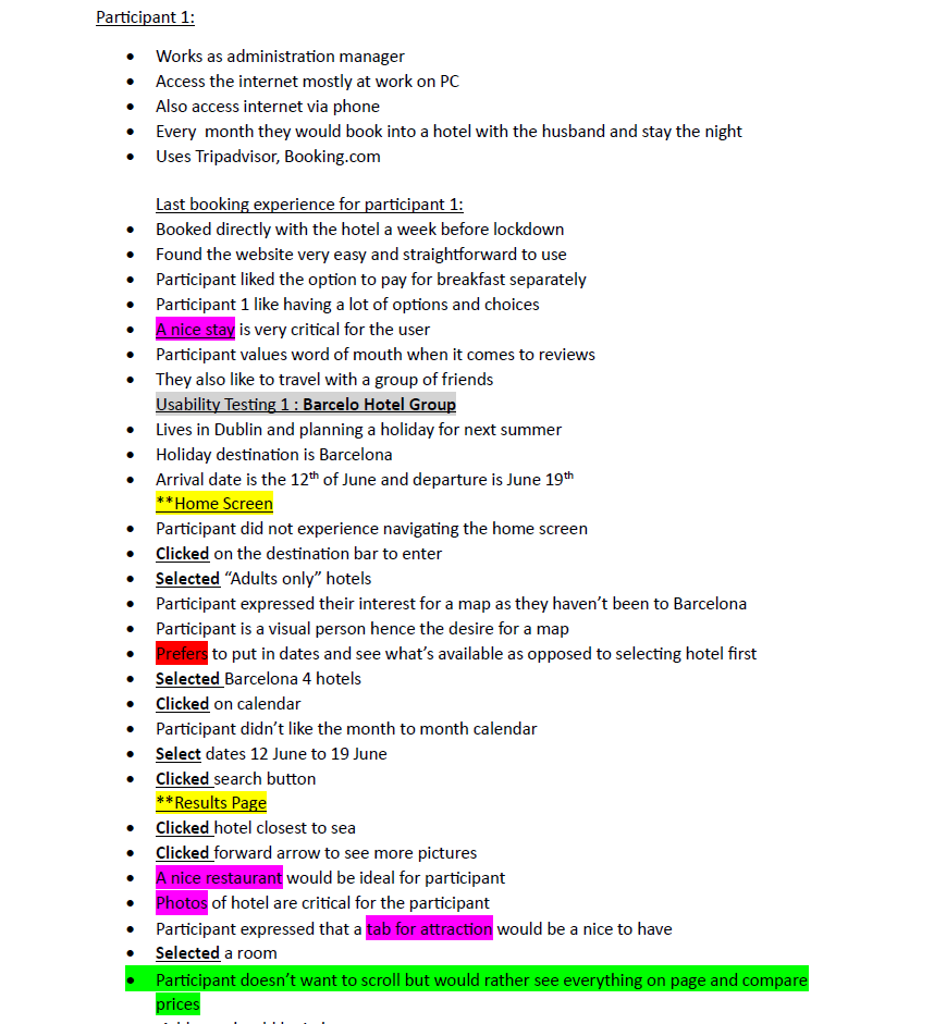 Handwritten and typed usability testing notes, session one.