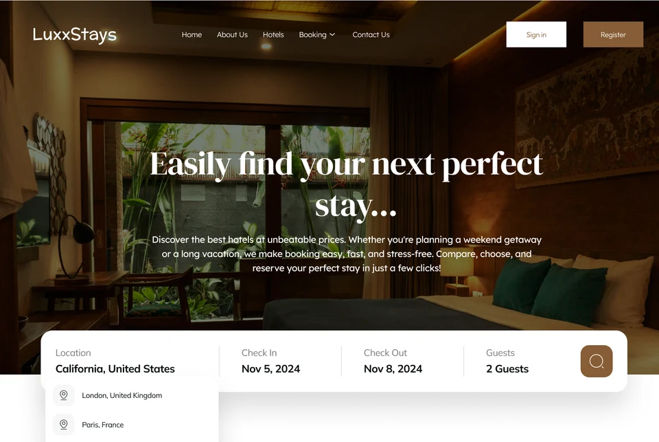 The finished LuxxStays landing page with photographic hero and search bar.